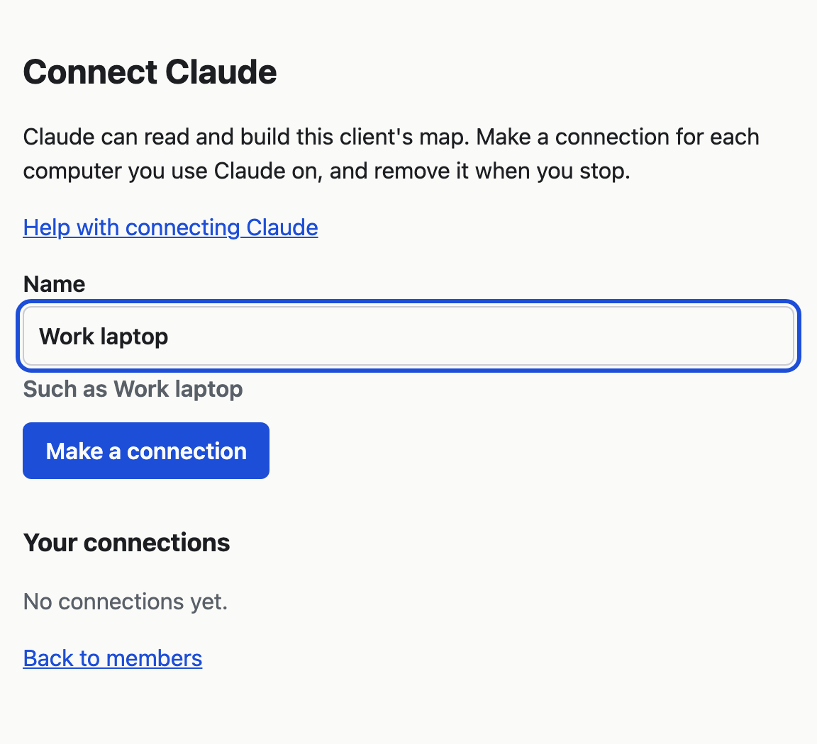 The Connect Claude page with a name typed in