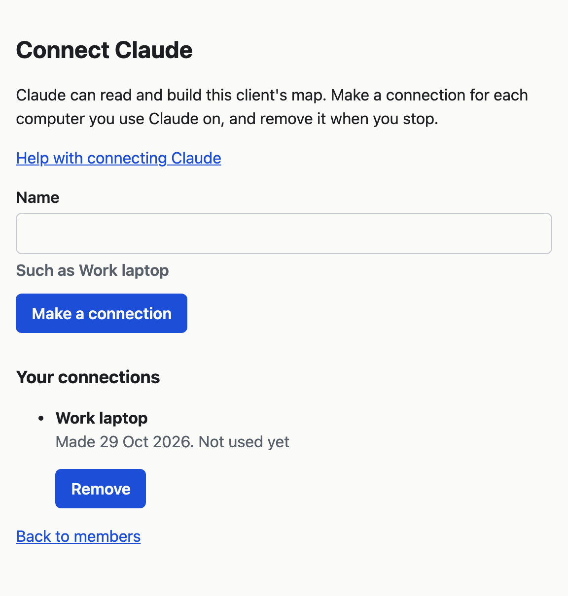 Your connections, each with its Remove button