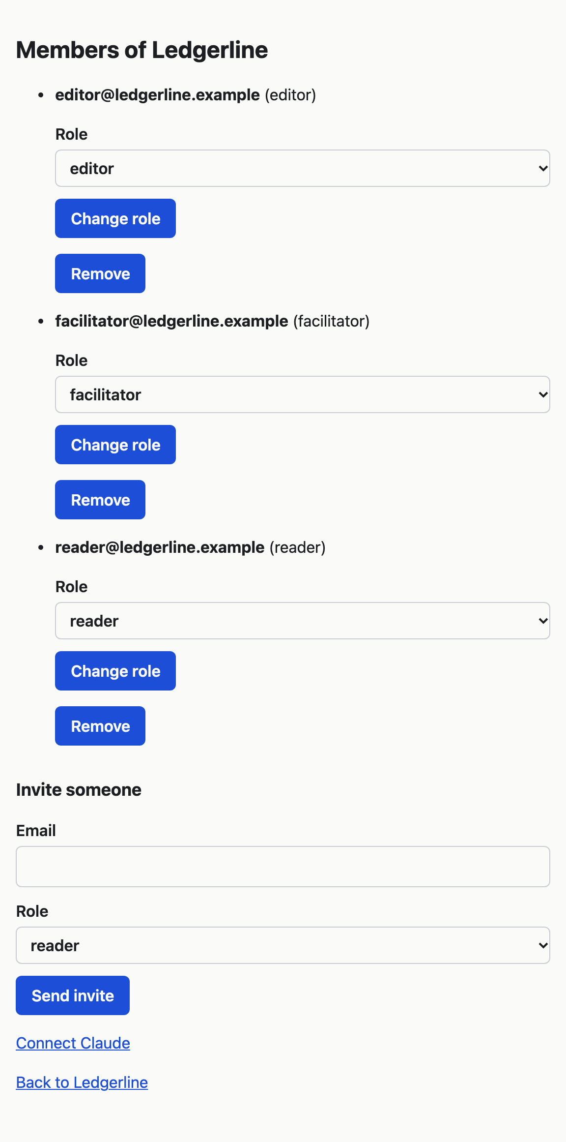 The Members page, with the Connect Claude link under the invite form