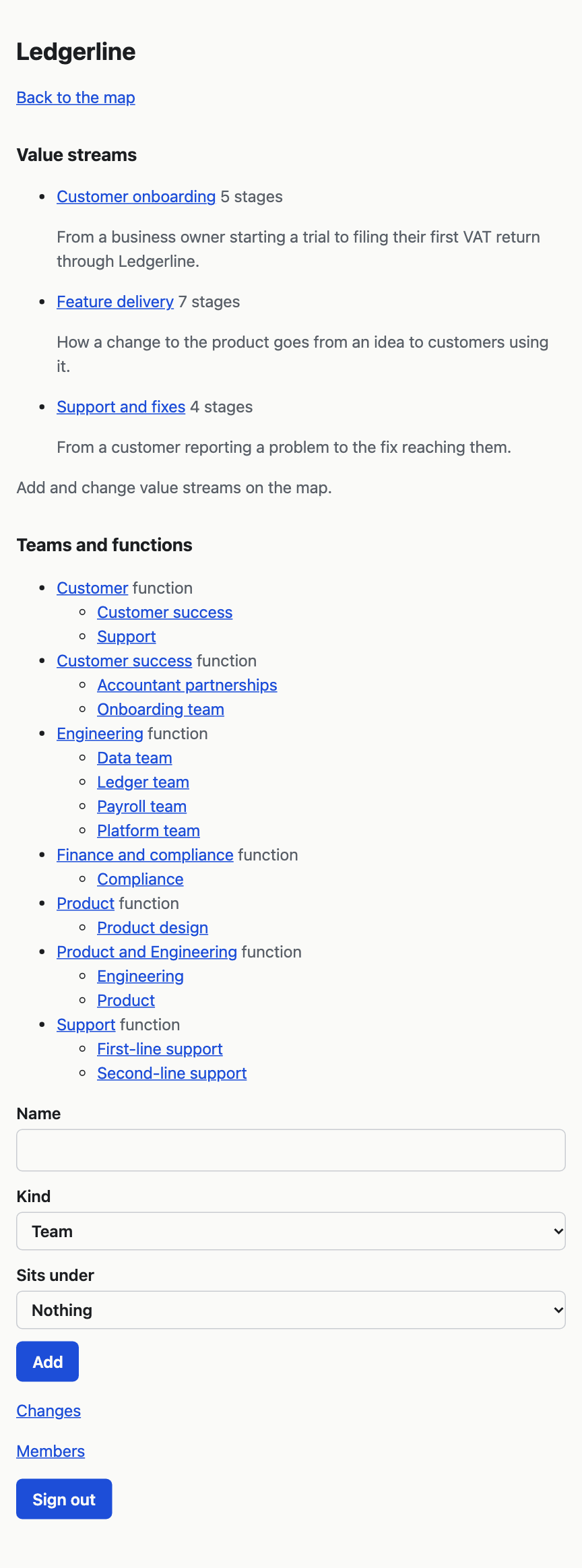 The Manage page, with the teams and functions and the form to add one