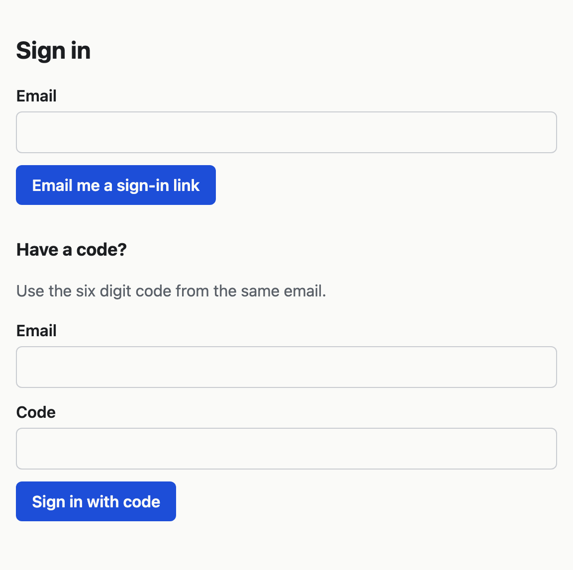 The sign-in page, with the email field at the top and the code form under it