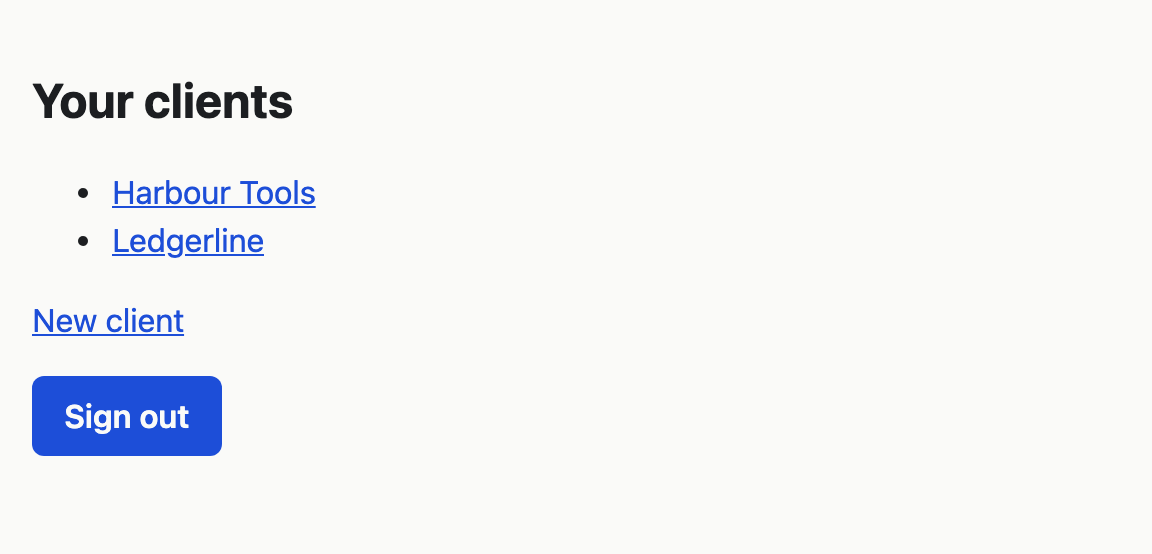 Your clients, listing two clients, with New client under them