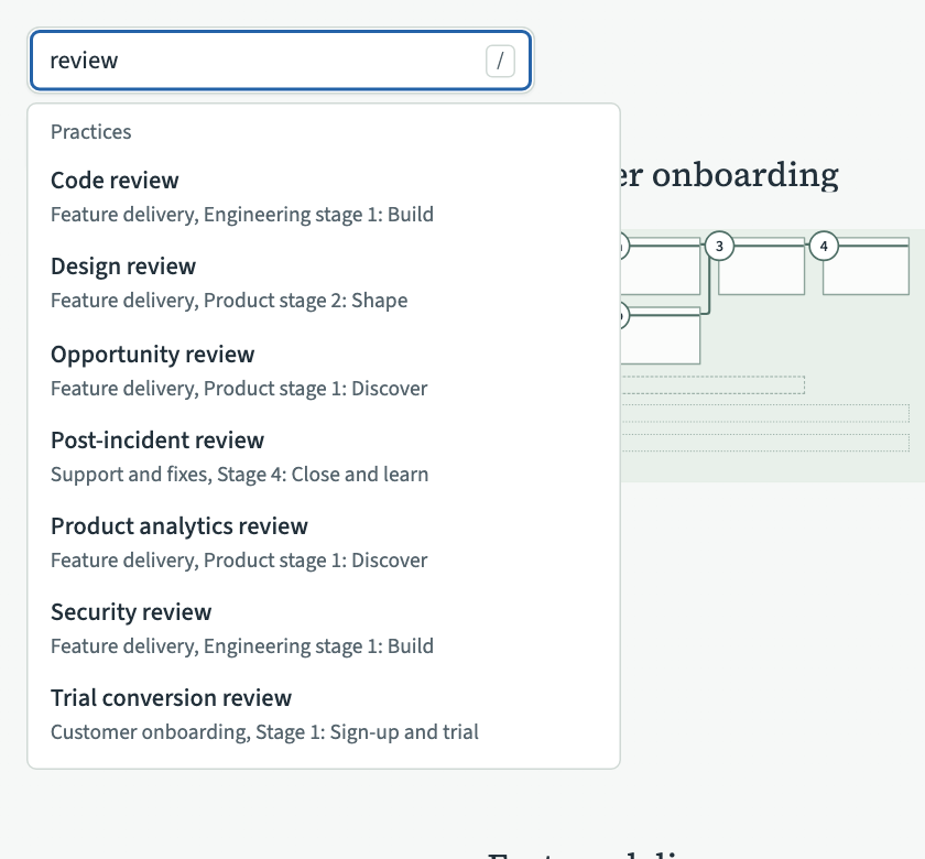 Search results for "review", listing seven practices with their value stream and stage